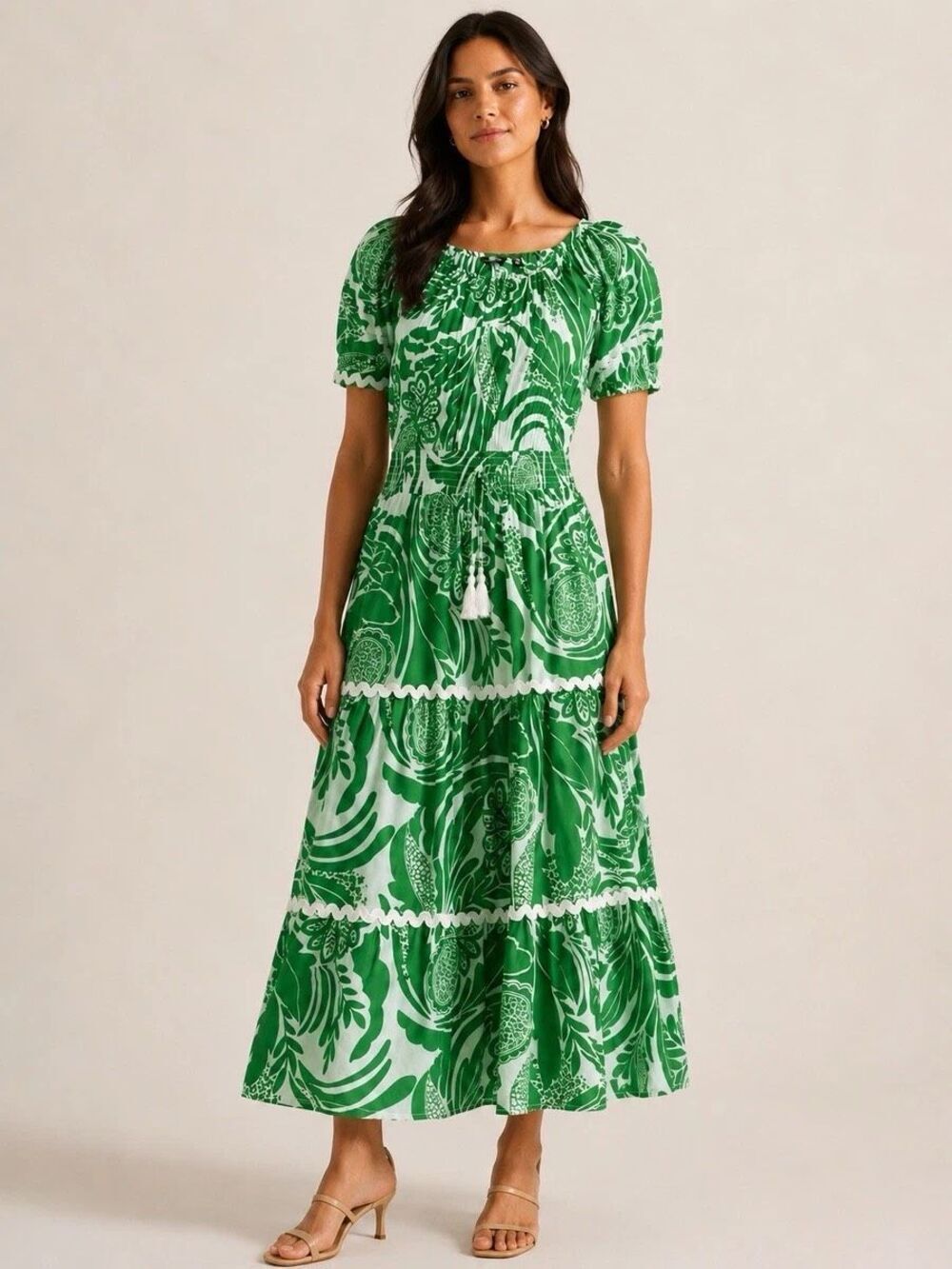 Mlle Gabrielle Green Tropical Off Shoulder Cotton Maxi Dress Size S NWT